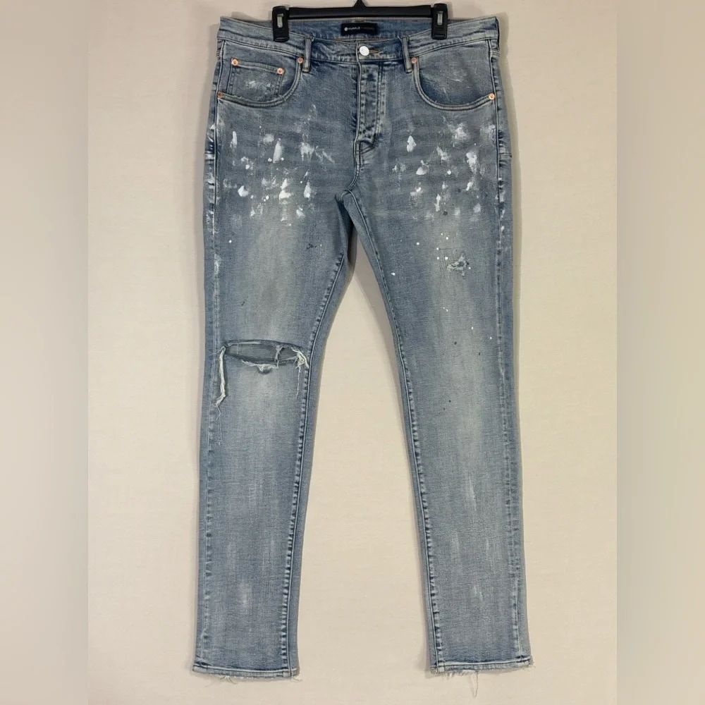 Purple Brand P001 Light Wash Paint Splatter Skinny Jeans 36